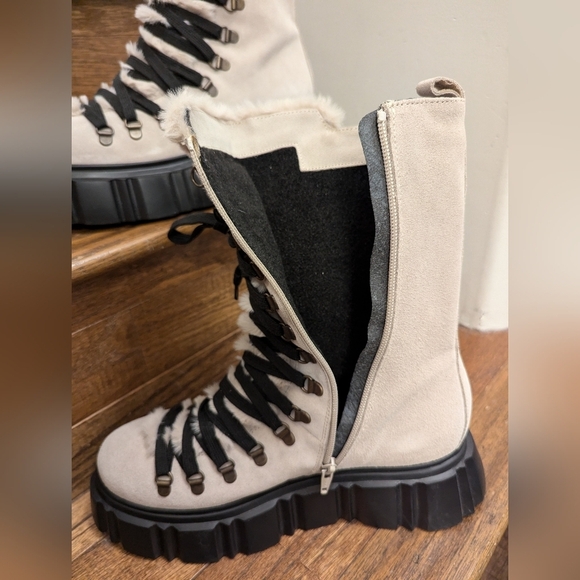 Browns B2 Tofino suede & faux fur platform moto combat boot cream Sz 9.5/10 EU40 - Picture 10 of 16